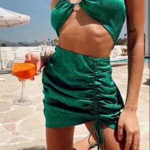 12th Tribe Tropical Green Jacquard Halter Top Ruched Mini Skirt Set Two Piece S
